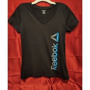 Reebok Women's T-Shirt S Black Blue Spell Out Logo Short Sleeve Graphic